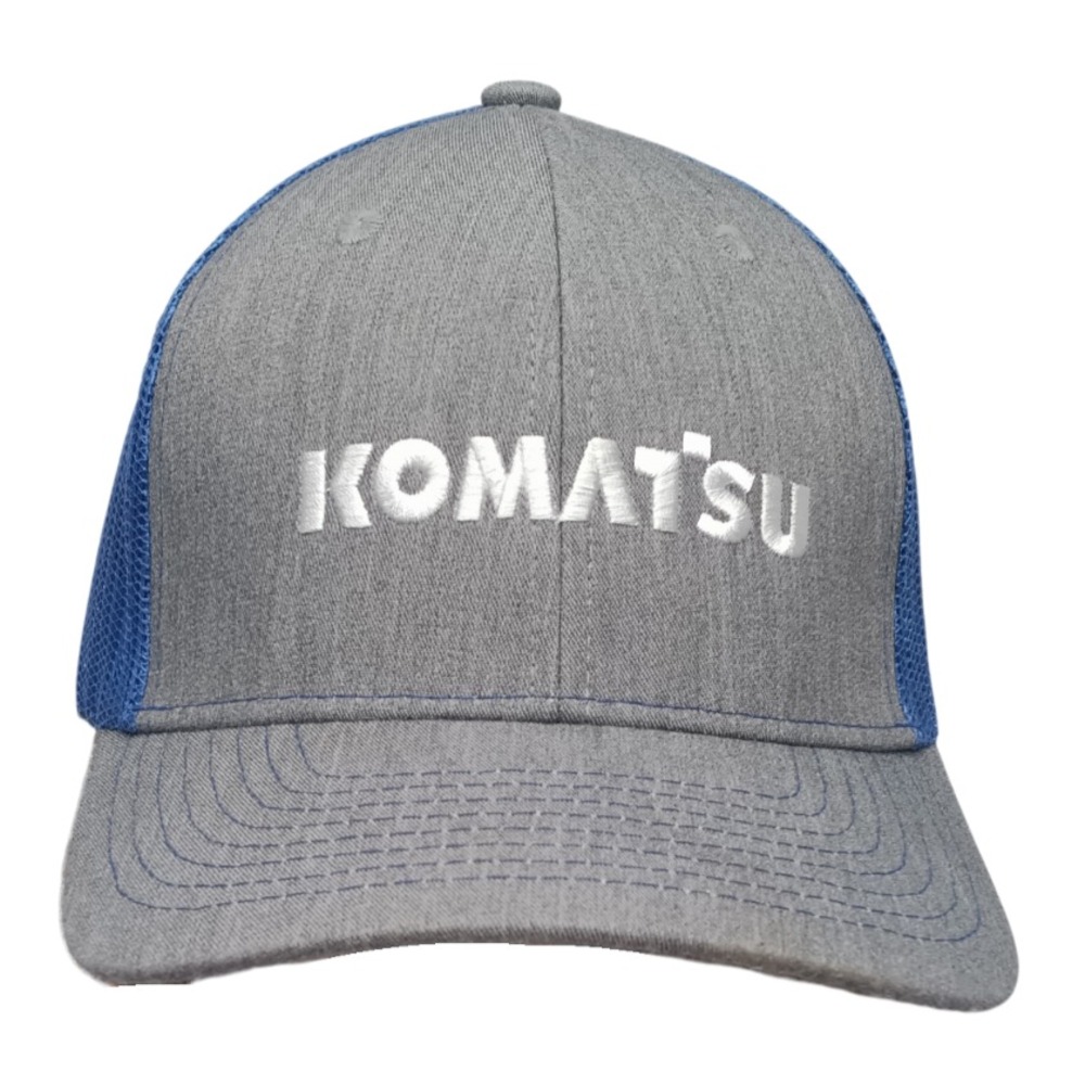 Komatsu Construction‎ Embroidered Trucker Hat Cap HEATHER GRAY Blue Snap Back